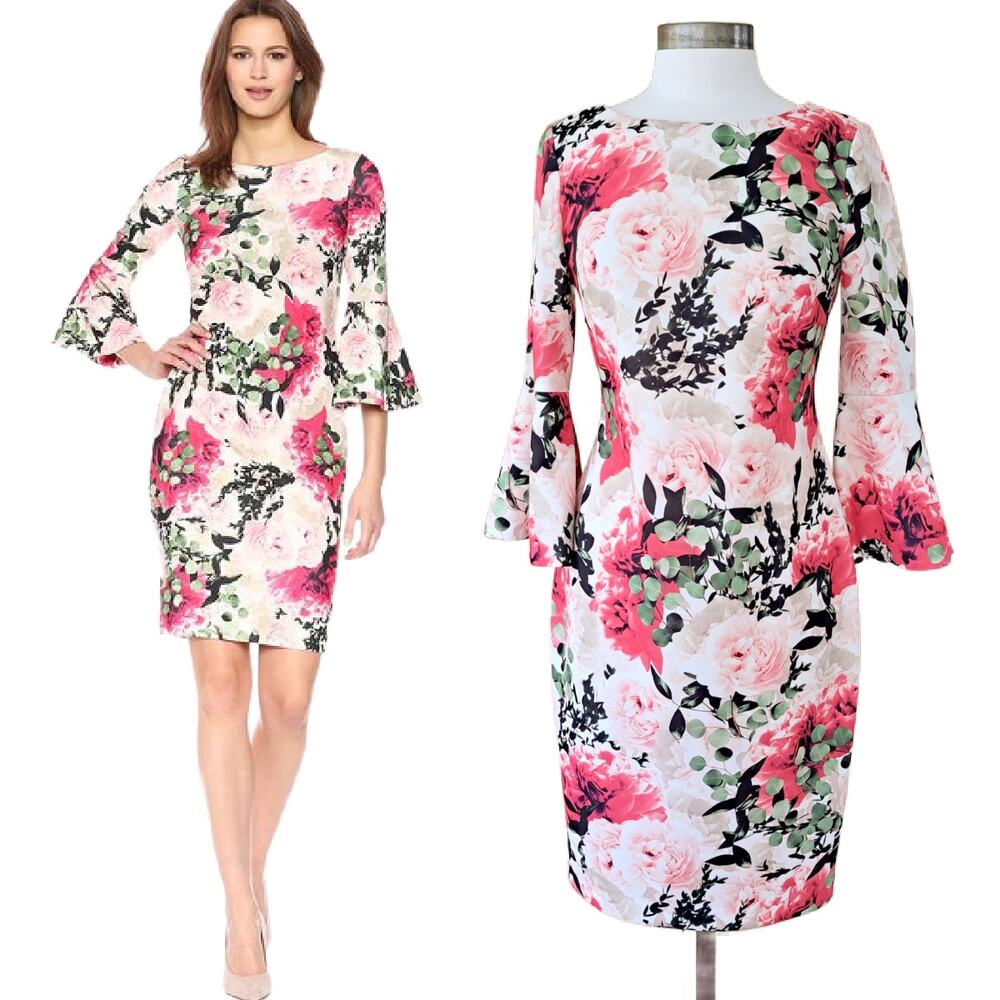 Calvin Klein Pink Floral Print Peplum Sleeve Sheath Dress Size 6 Work - Party